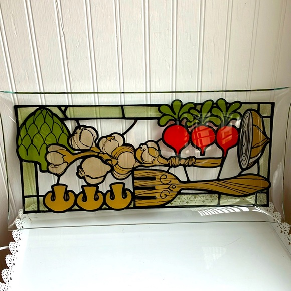 Retro/MCM Style Glass Serving Tray Vegetable Design - Picture 1 of 10